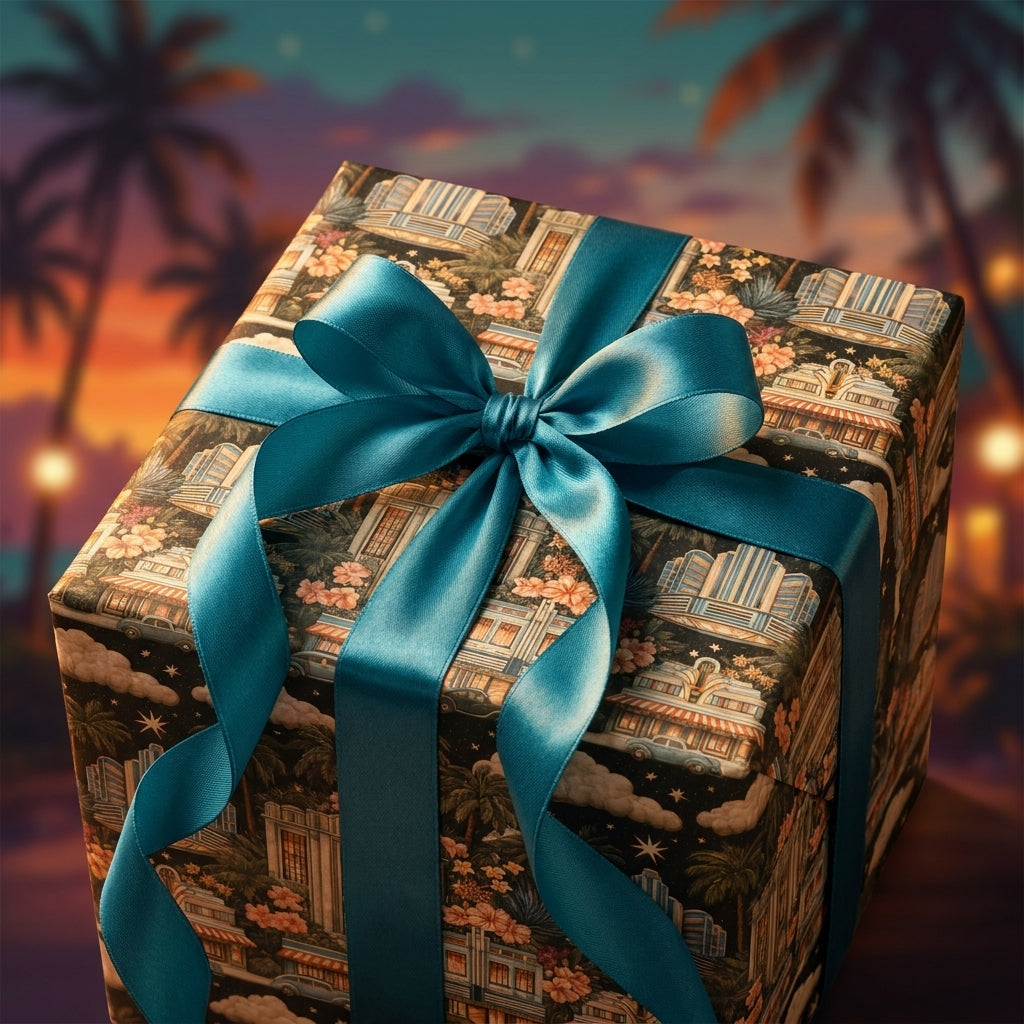Retro Art Deco wrapping paper with a teal satin ribbon on a gift box by Wrapped Studios.