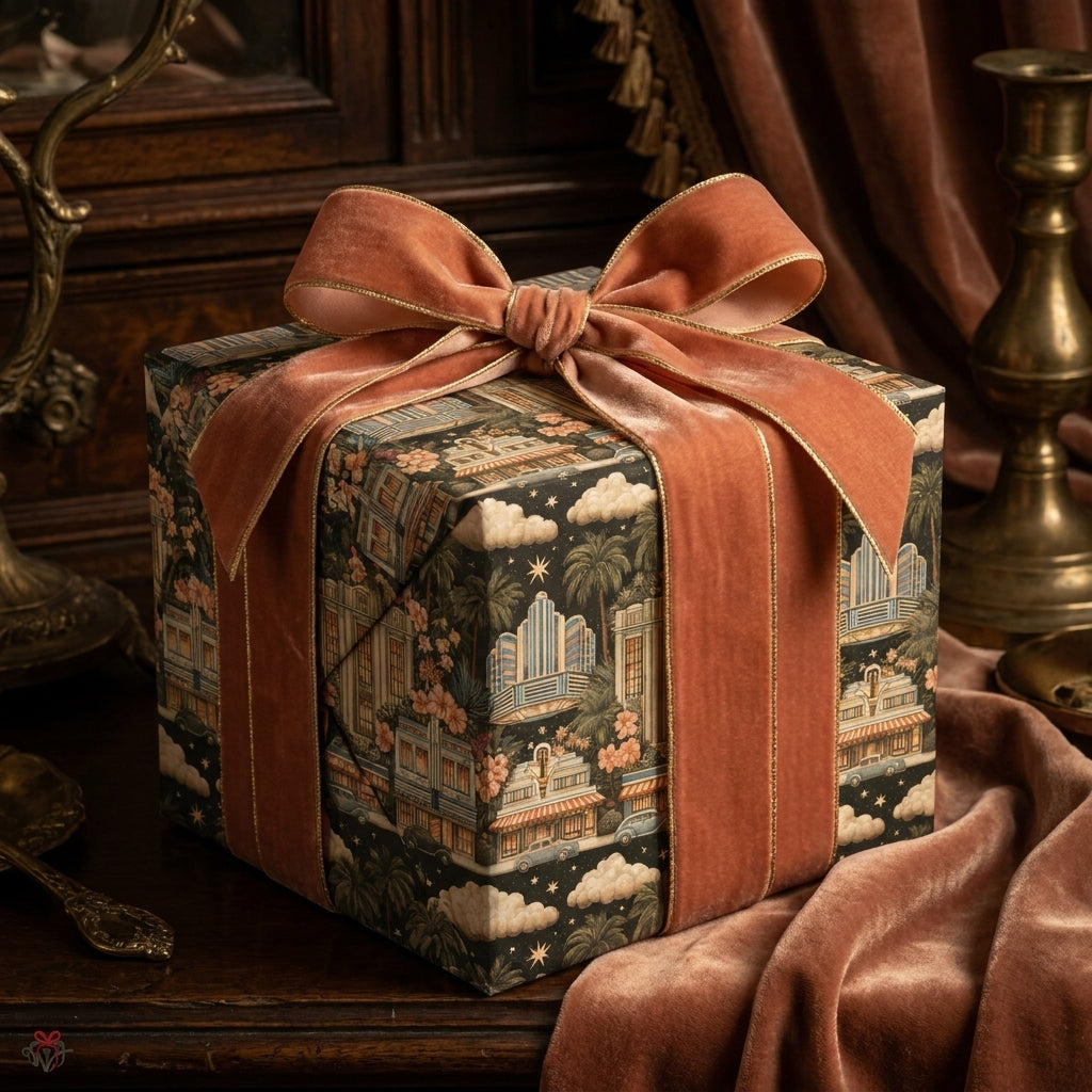 Vintage Art Deco wrapping paper with terracotta velvet ribbon on a luxury gift box, by Wrapped Studios.