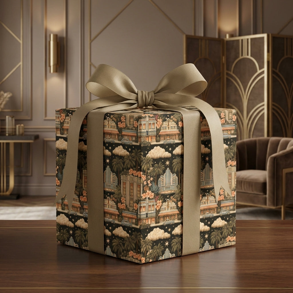 Luxury art deco wrapping paper with vintage tropical pattern and gold ribbon, by Wrapped Studios.