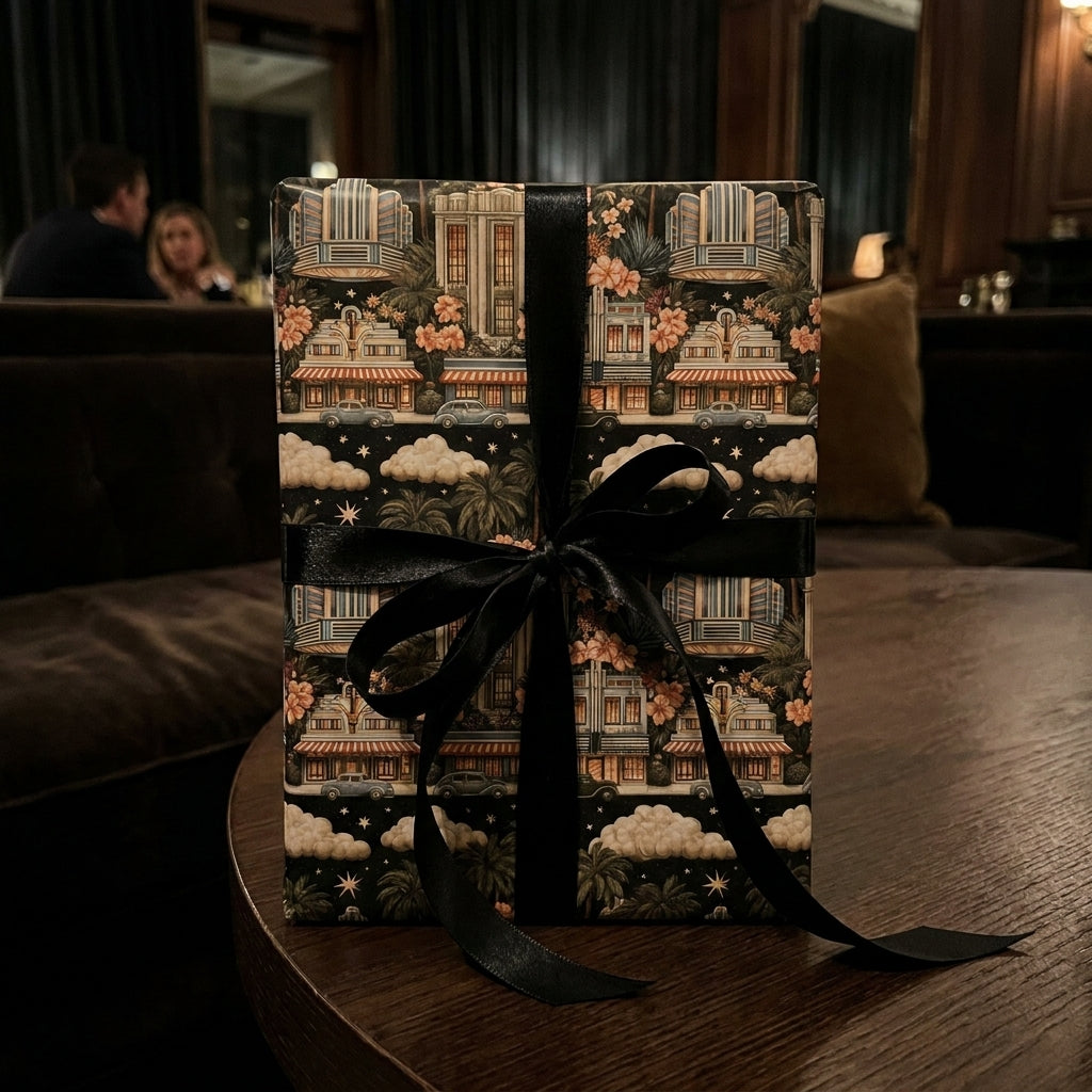 Vintage Art Deco luxury gift wrap with a black satin ribbon on a gift box by Wrapped Studios.