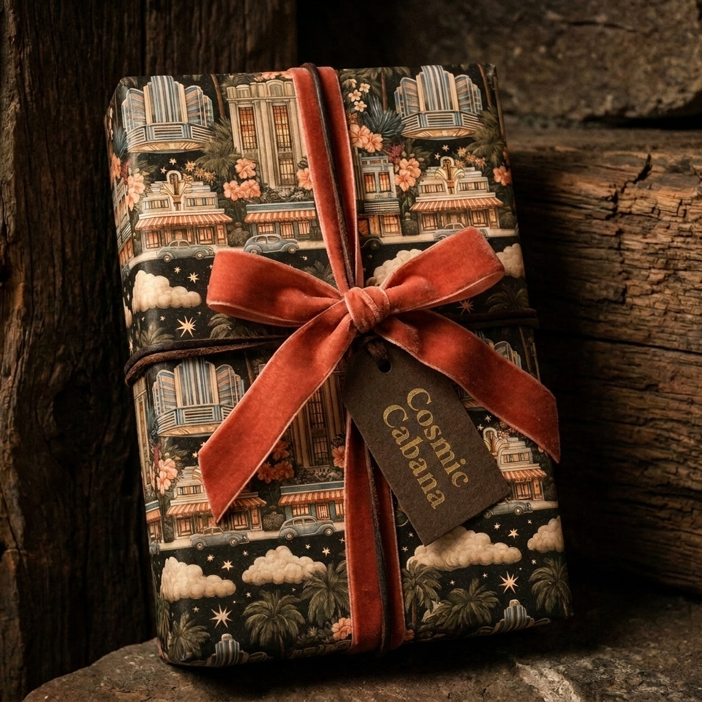 Vintage Art Deco wrapping paper with terracotta velvet ribbon on a gift box by Wrapped Studios.