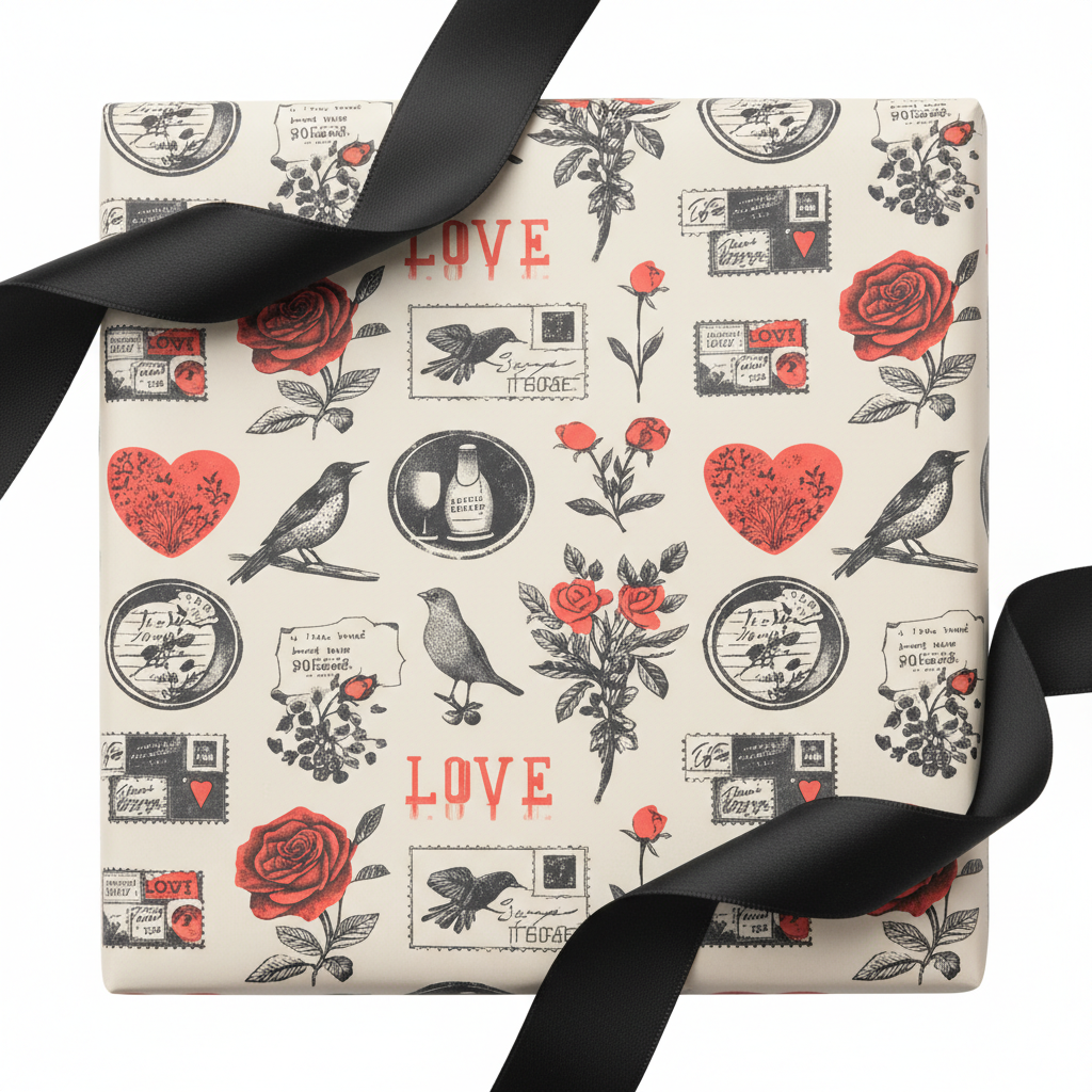 Vintage romance wrapping paper with red roses, hearts, birds, and "LOVE" text, tied with a black satin ribbon on a white background.