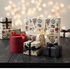 Elegant vintage rose wrapping paper and black gift wrap with festive bokeh lights; ideal for luxury or romantic gifts.