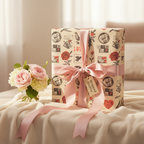 Romantic vintage wrapping paper with a pink ribbon and "Wrapped Studios" tag, ideal for elegant gifts, weddings, or anniversaries, beside pink roses.