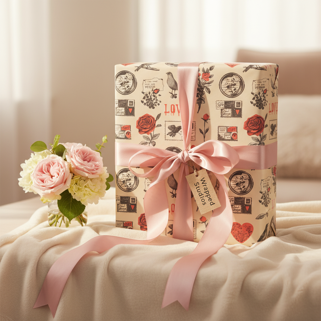 Romantic vintage wrapping paper with a pink ribbon and "Wrapped Studios" tag, ideal for elegant gifts, weddings, or anniversaries, beside pink roses.