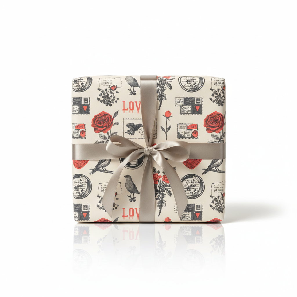 Vintage-style "LOVE" wrapping paper featuring red roses, birds, and postage stamps, tied with an elegant champagne satin ribbon, perfect for anniversaries or Valentine's Day gifts.