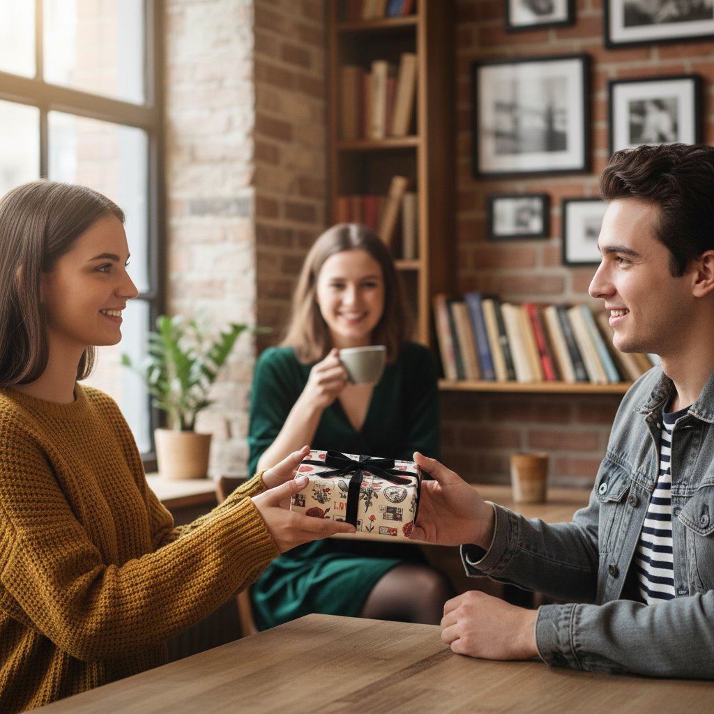 Woman in mustard sweater handing a small vintage-patterned gift box with a black ribbon to a man in a denim jacket at a cafe.