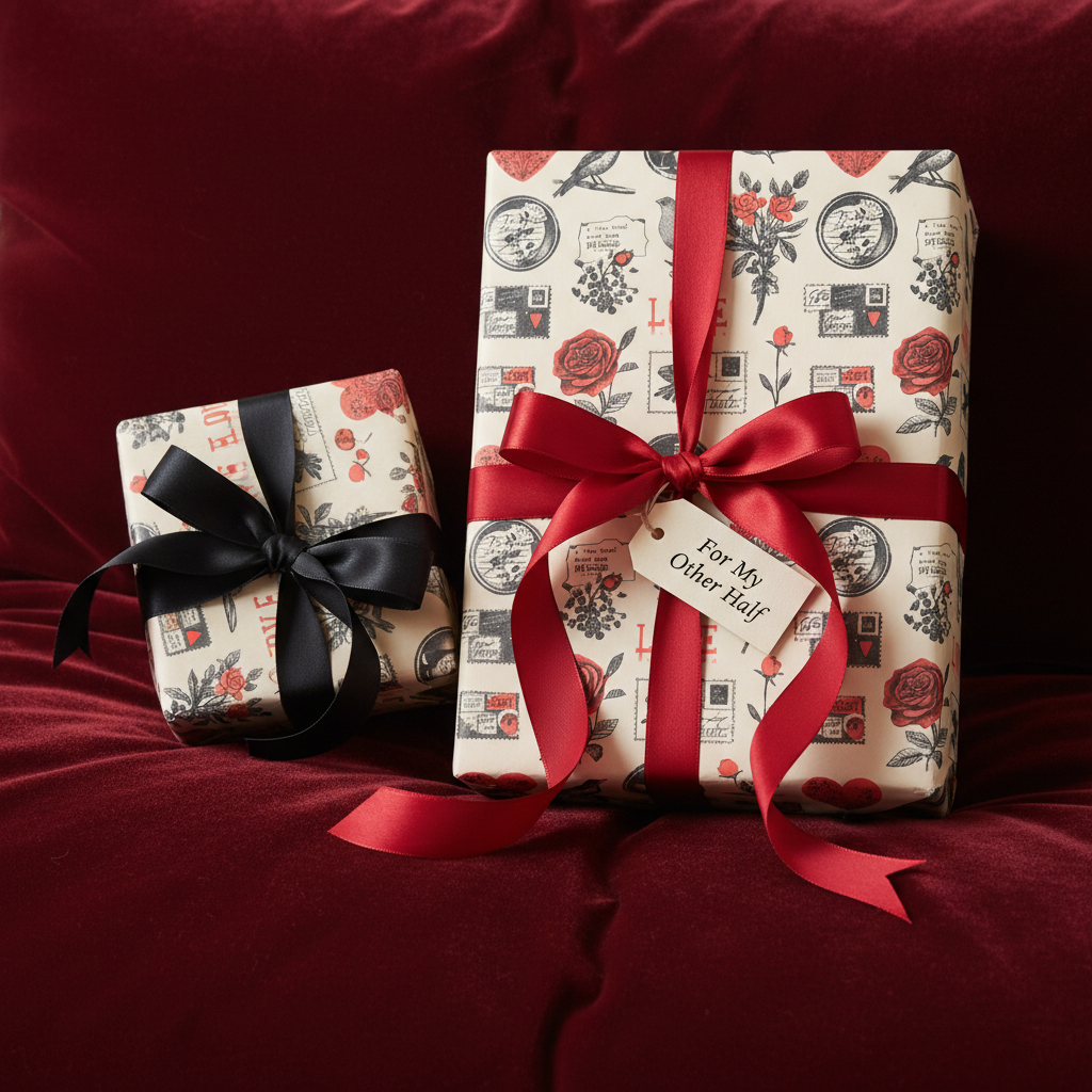 Luxury vintage floral wrapping paper in cream with red roses and black ink, tied with a rich red ribbon and gift tag, alongside a smaller matching gift with a black ribbon, all resting on soft red velvet, perfect for romantic, Valentine's, or anniversary gifts.