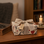 Vintage romance wrapping paper with a bird and heart pattern, tied with a natural linen bow and gift tag, perfect for luxury gifts.