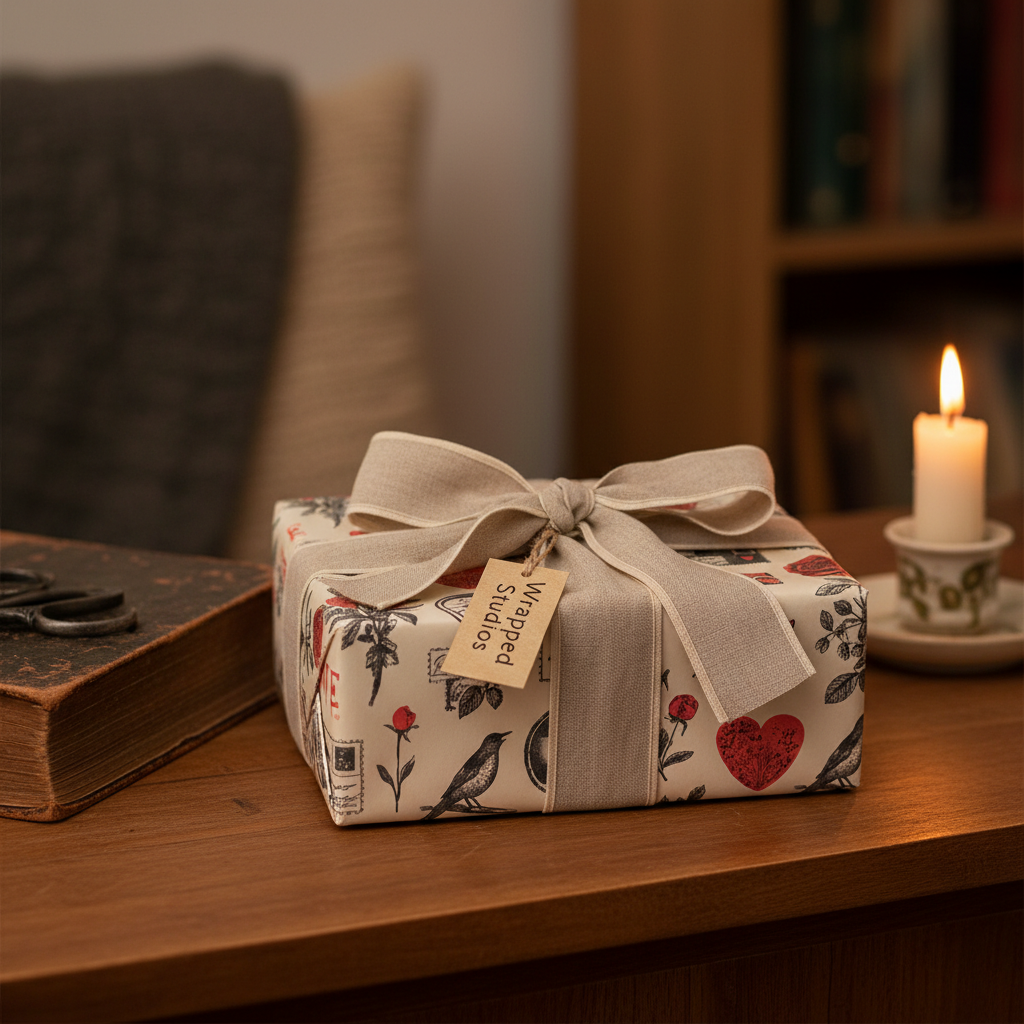 Vintage romance wrapping paper with a bird and heart pattern, tied with a natural linen bow and gift tag, perfect for luxury gifts.