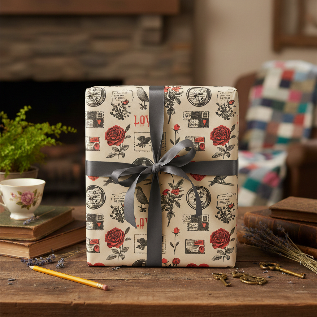 Vintage rose and bird print wrapping paper with postage stamps, tied with a dark grey ribbon, on a rustic wooden table.