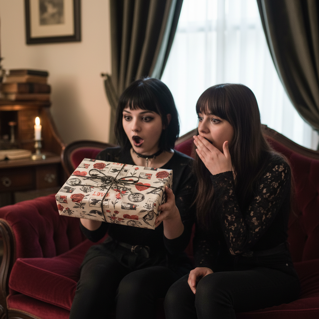 Two women exchange a surprise love-themed gift, wrapped in romantic black and red script paper, on a vintage red velvet couch.