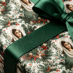 Christian Virgin Mary Christmas wrapping paper with an elegant green satin ribbon bow by Wrapped Studios.