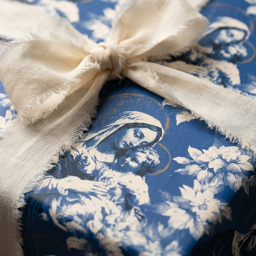 Vintage blue Madonna and Child Christmas gift wrap with cream ribbon by Wrapped Studios.