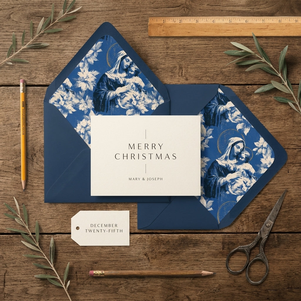 Elegant Christian Christmas card with blue Madonna and Child envelope liners from Wrapped Studios.