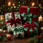 Luxury Christmas gift wrap with a vintage religious Madonna pattern and velvet bows by Wrapped Studios.
