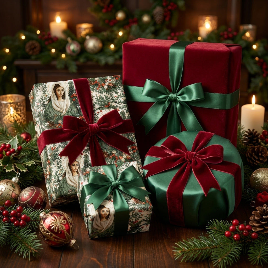 Luxury Christmas gift wrap with a vintage religious Madonna pattern and velvet bows by Wrapped Studios.