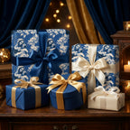 Religious Christmas wrapping paper with blue Virgin Mary pattern and satin bows by Wrapped Studios.
