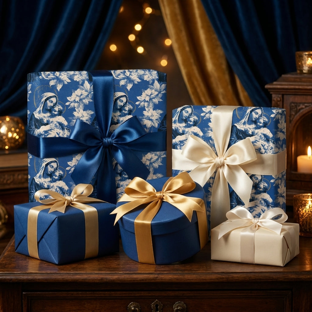 Religious Christmas wrapping paper with blue Virgin Mary pattern and satin bows by Wrapped Studios.