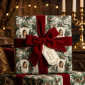 Vintage religious Christmas wrapping paper with Virgin Mary design and a red velvet bow by Wrapped Studios.