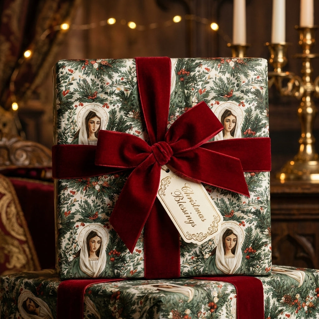 Vintage religious Christmas wrapping paper with Virgin Mary design and a red velvet bow by Wrapped Studios.