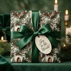 Vintage religious Christmas gift wrap with green bow and 'Joy to the World' tag by Wrapped Studios.