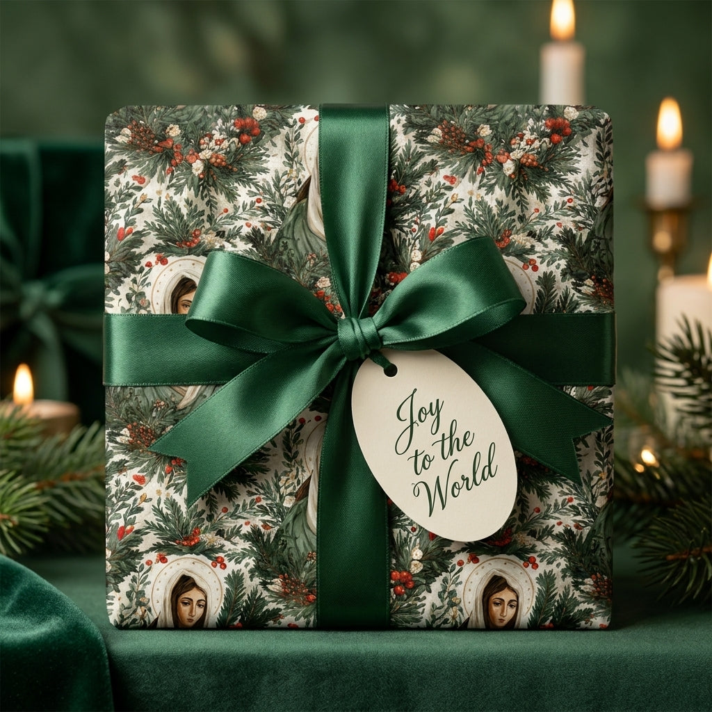 Vintage religious Christmas gift wrap with green bow and 'Joy to the World' tag by Wrapped Studios.