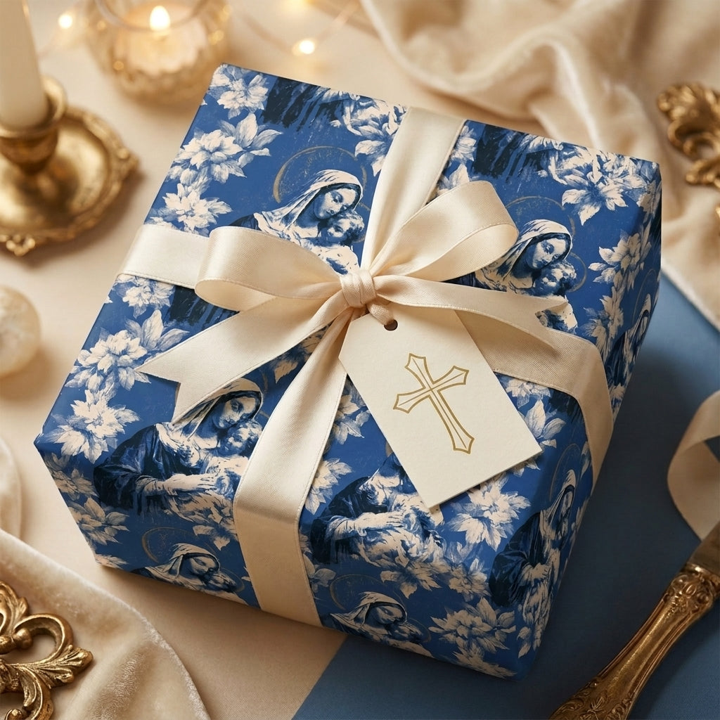 Elegant blue religious wrapping paper with Madonna and Child floral pattern by Wrapped Studios.