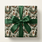 Virgin Mary religious Christmas wrapping paper with a green satin bow, by Wrapped Studios.