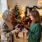 Family exchanging a gift in vintage Christmas wrapping paper with a red velvet bow. Wrapped Studios.
