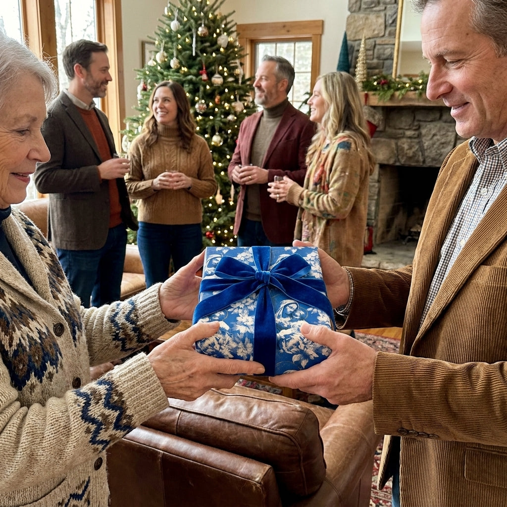 Blue Nativity Christmas gift wrap with a velvet bow by Wrapped Studios, exchanged at a holiday family gathering.