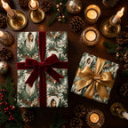 Vintage Virgin Mary Christmas wrapping paper on gifts with elegant velvet and satin bows by Wrapped Studios.