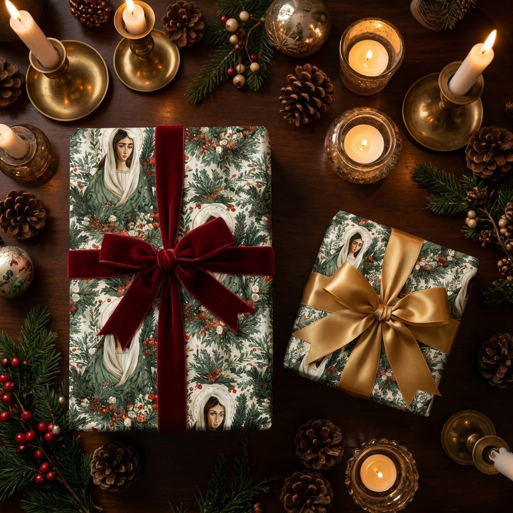 Vintage Virgin Mary Christmas wrapping paper on gifts with elegant velvet and satin bows by Wrapped Studios.