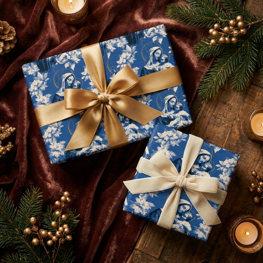 Elegant blue Madonna and Child religious Christmas wrapping paper on gifts by Wrapped Studios.