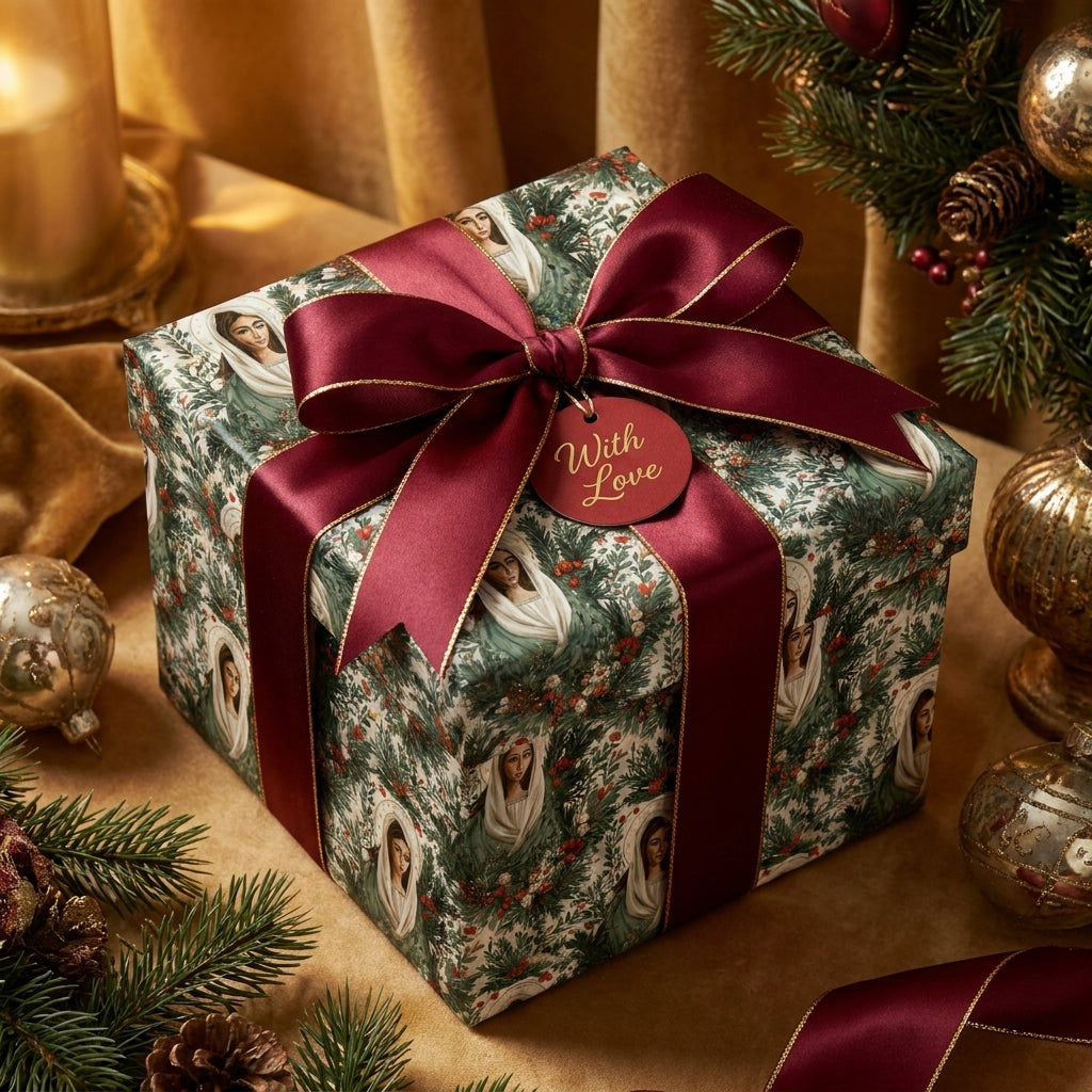Virgin Mary luxury Christmas wrapping paper with a burgundy satin ribbon by Wrapped Studios.