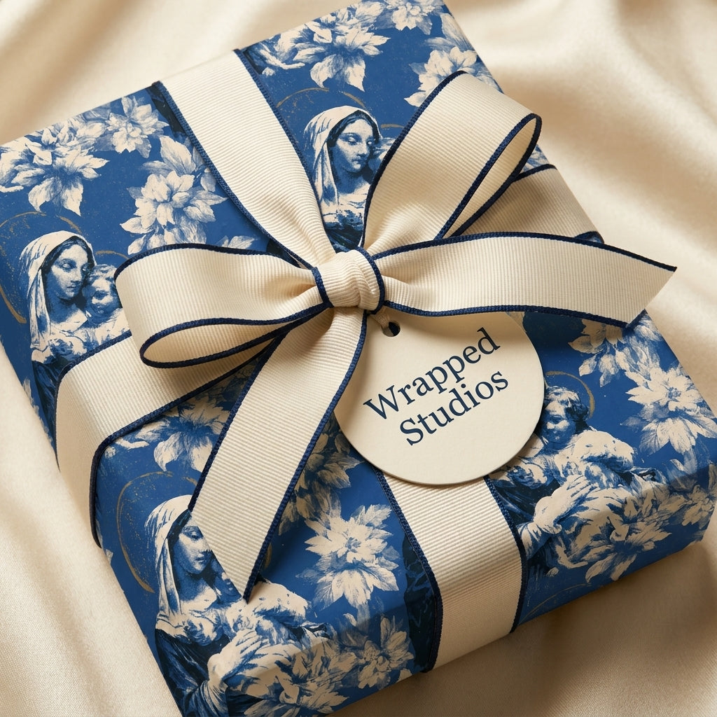 Religious Christmas wrapping paper with blue Madonna and Child toile pattern by Wrapped Studios.