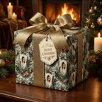 Religious Virgin Mary Christmas wrapping paper with a gold ribbon on a gift by Wrapped Studios.