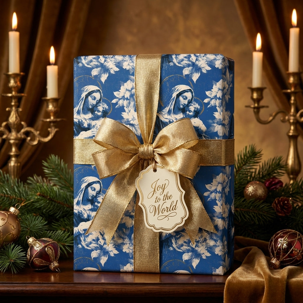 Blue and gold religious Christmas wrapping paper with Nativity scene pattern by Wrapped Studios.