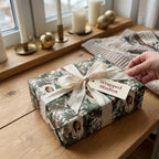 Vintage Virgin Mary Christmas wrapping paper with a cream silk bow, by Wrapped Studios.