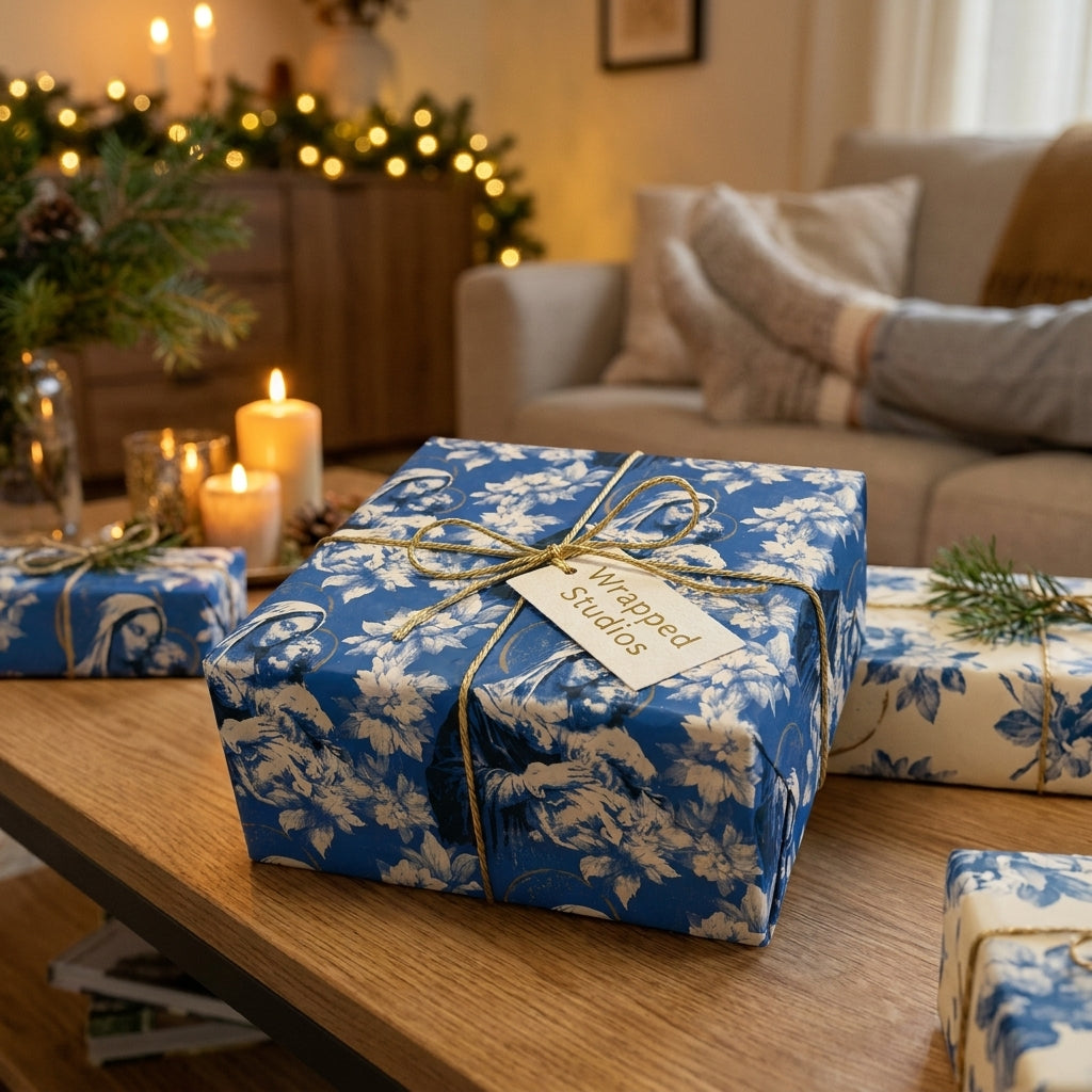 Blue nativity Christmas wrapping paper by Wrapped Studios on gifts with gold twine in a cozy holiday scene.