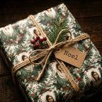 Vintage religious Christmas wrapping paper with Virgin Mary pattern and rustic twine bow by Wrapped Studios.