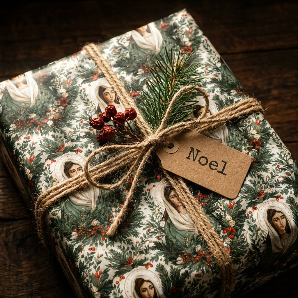 Vintage religious Christmas wrapping paper with Virgin Mary pattern and rustic twine bow by Wrapped Studios.