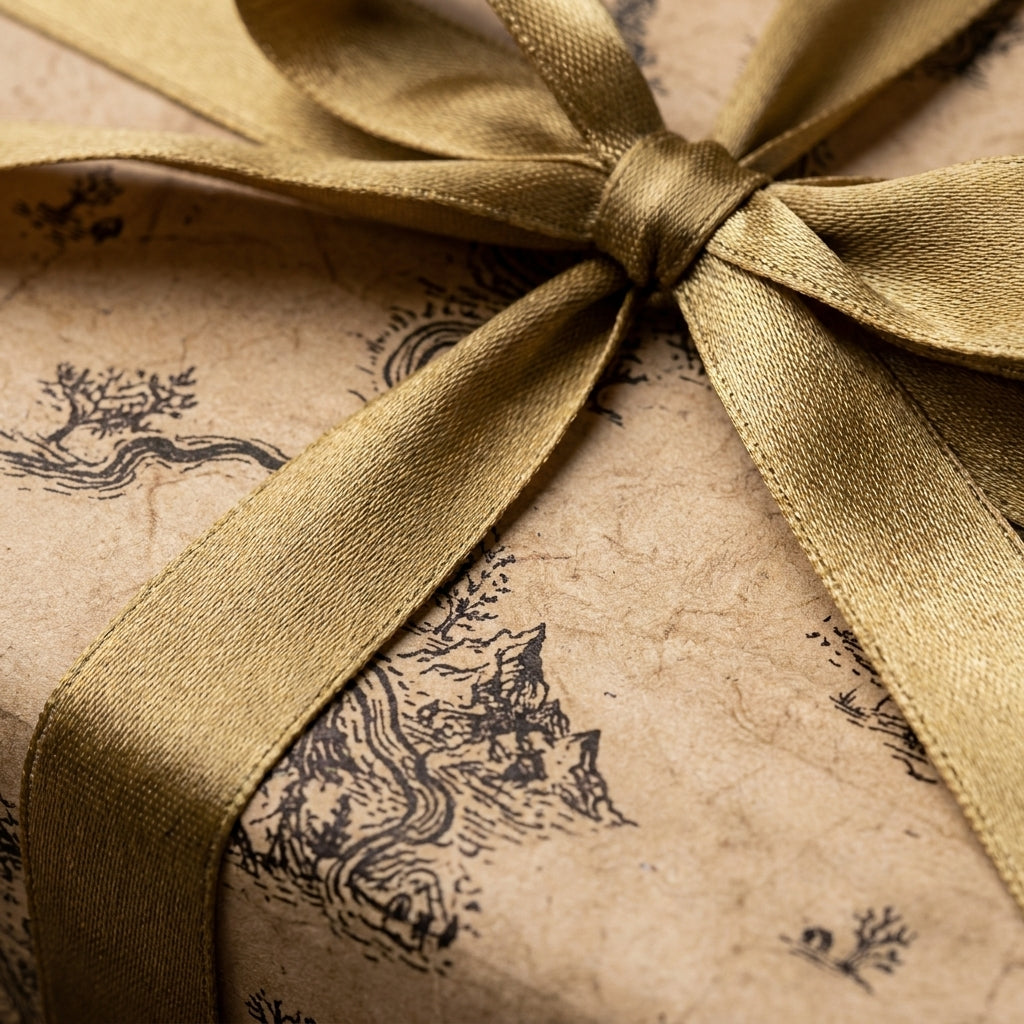 Vintage kraft wrapping paper with a rustic landscape print and gold satin ribbon by Wrapped Studios.