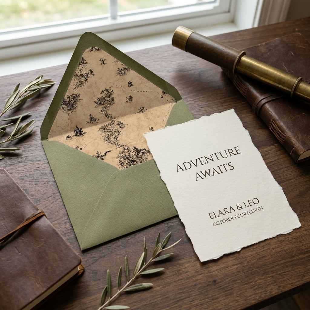 Rustic adventure wedding invitation with a sage green envelope and vintage map liner by Wrapped Studios.