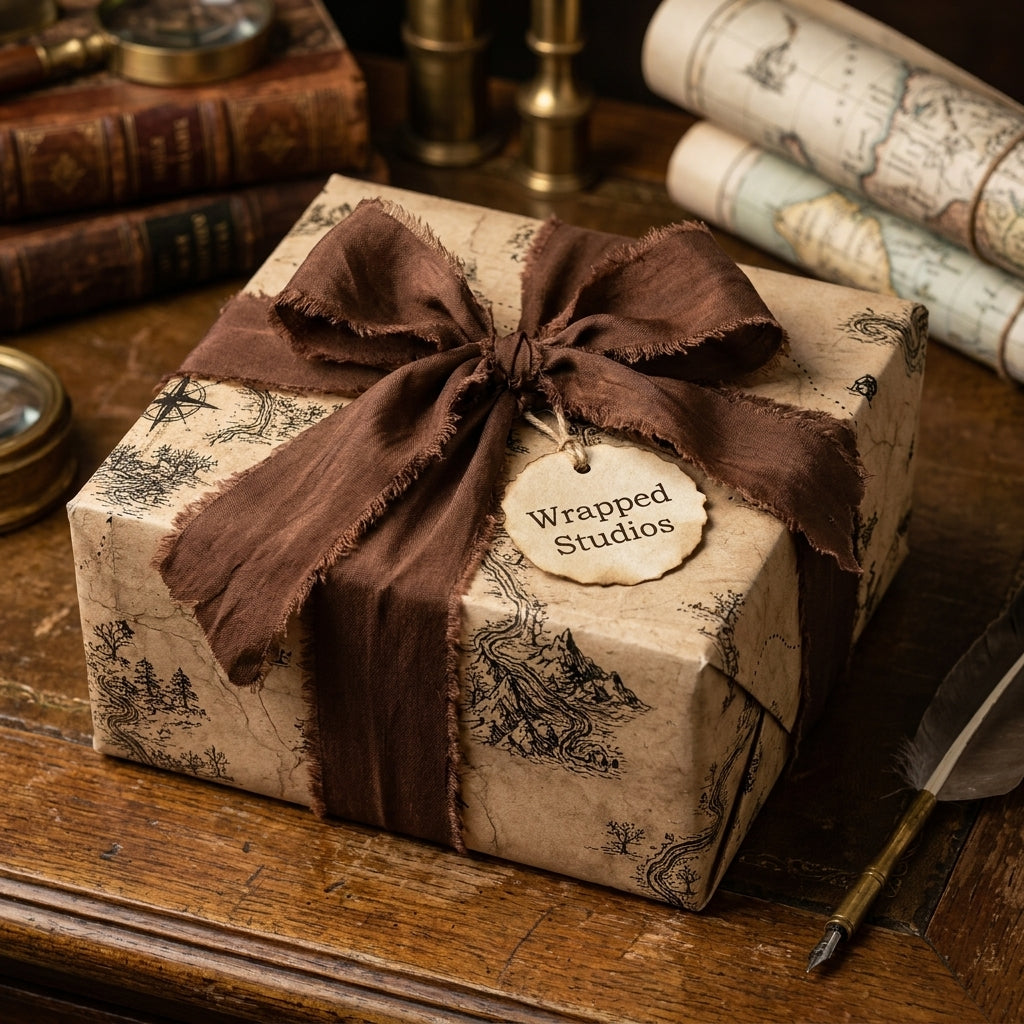 Vintage map wrapping paper on a gift box with a rustic, frayed brown ribbon by Wrapped Studios.
