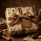 Luxury vintage map wrapping paper with brown velvet ribbon on a gift box by Wrapped Studios.
