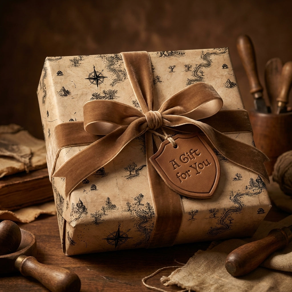 Luxury vintage map wrapping paper with brown velvet ribbon on a gift box by Wrapped Studios.