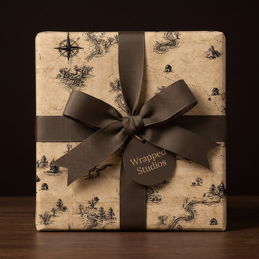 Vintage map wrapping paper on a gift box with a brown ribbon bow by Wrapped Studios.