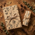 Vintage map wrapping paper on rustic gifts with twine and pinecones by Wrapped Studios.