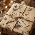 Vintage map kraft wrapping paper with twine bow and 'Explore' gift tag by Wrapped Studios.